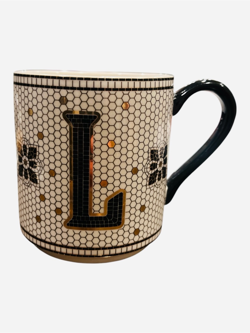 Anthropologie Monogram “L” Mug Black White Gold Mosaic Margot Coffee Cup